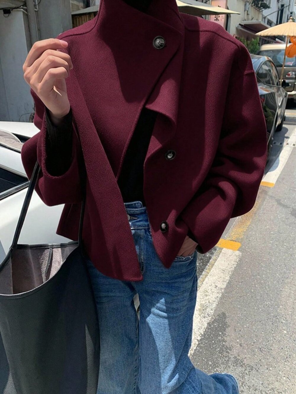 Burgundy Casual Women's Stand Collar Overcoat - Picture 3 of 4